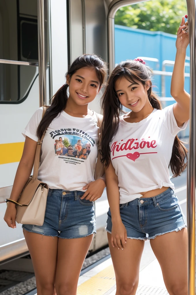 ,(tanned skin:1.3), japanese cheerful cute girls, 2girls,short pants,mascular thick thighs,t-shirt,at train