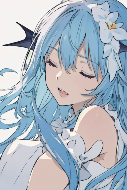 anime style, 1girl, head fins, fish fins, light blue hair, long hair, closed eyes, peaceful expression, white sleeveless dress, light purple sleeves, lips,, portrait,, white background, open mouth