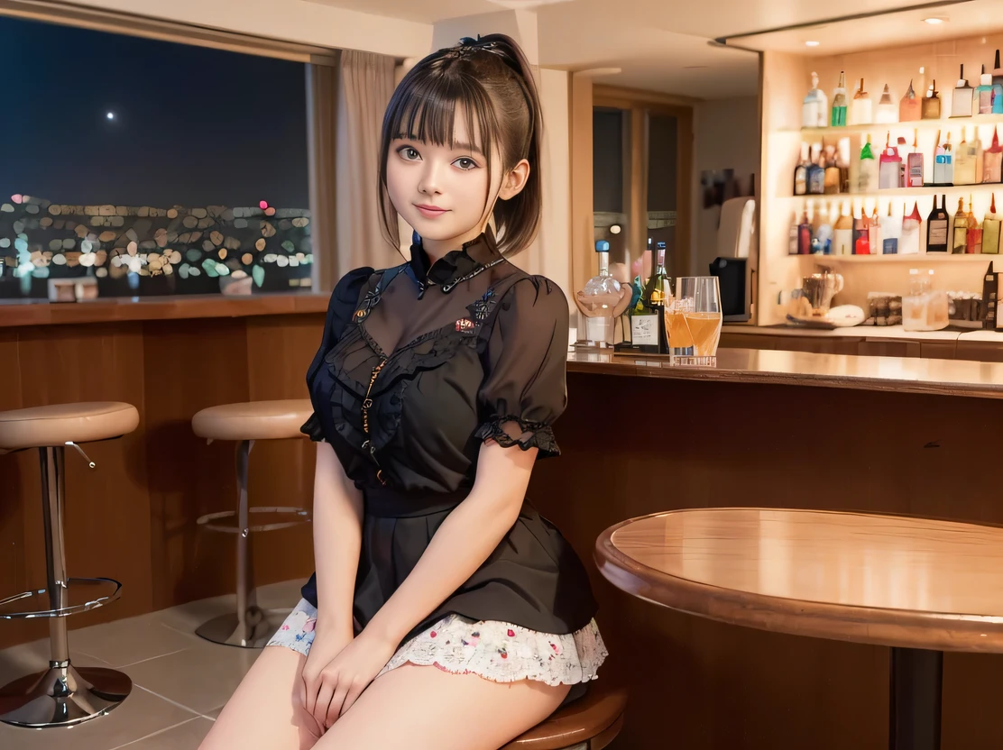 (Highest quality, masterpiece, Ultra-high resolution, 8K, RAW Photos, Realistic, Anatomically correct:1.5), 20-year-old girl:1.2, Embarrassing, avert your eyes, blush:1.0, View Viewer, ((Bar Lounge)) 、Night view、 Light:1.2, Bokeh, Cinema Lighting:1.0, Depth of written boundary, sharp、 Cute face、Idol、Black short sleeve lace top、Black pleated skirt、Black clothing、”dwarf”、(Floral clothes)、(Full Body Shot)、Side angle、Cowboy Shot、 smile、(Ultra short hair、Short ponytail)、(Straight bangs)、((See-through))、(( One Girl))、Large Breasts、