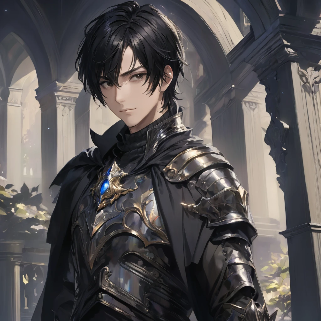 masterpiece, best quality, 1man, adult, male focus, solo, medium hair, black hair,, looking at viewer, cape, High quality metal texture, overcoat, closed mouth, upper body, bangs, high collar,(kbxll:0.6), Fantasy aesthetics, Highly detailed, shadowverse style, armored gloves, metallic gloves, black armor