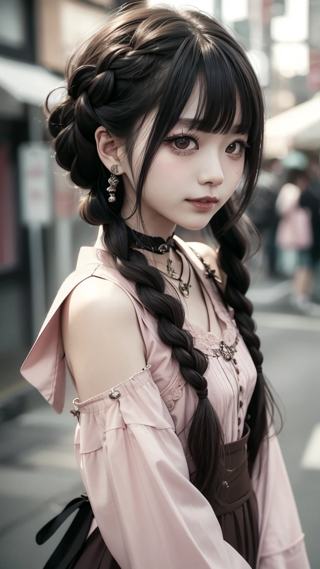 Realistic, masterpiece, Highest quality, Highest Resolution, One Japanese woman, Smile, Fine and beautiful eyes, Sparkling eyes, (With keen eyes:1.4), Thin eyebrows, Gives lashes a delicate finish, False eyelashes, Natural Makeup, (Braided hair, Blunt bangs, Brown Hair:1.2), Detailed face, She is looking slightly to the side, Always observe the audience, Grin, (Cheeks pink:1.2), Perfect for the warm season、Sexy gothic dress that exposes the chest, Upper body photo, Portraiture