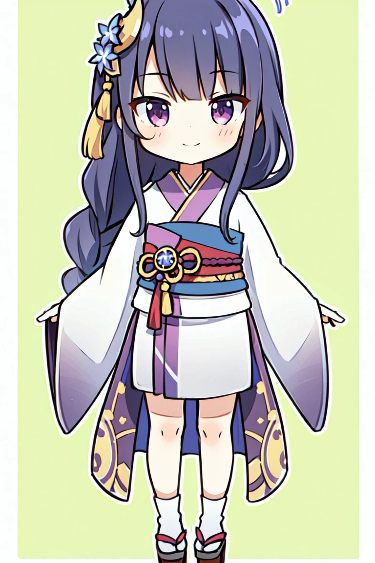 (masterpiece, best quality, highres, 8k:1.3),   1girl, solo, long hair, One braid hair, purple hair, Hair ornament, purple eyes, kimono, standing, chibi, smile,