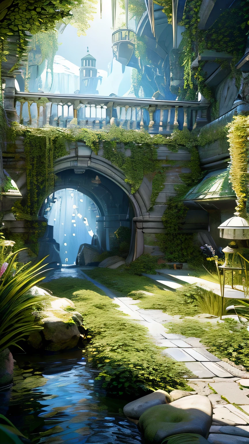 Continued from Underwater、The fantastic Underground Passage。In the clear water、The bubbles rise while sparkling.。On the floor、Light blue bricks are laid out、On the wall、A mosaic of sea creatures is depicted。behind、Continue to the Underwater Stage、I see a mysterious Door of Light。Beautiful game scenery, Fantasy, Mario, Underwater, Underground Passage, bubble, Brick, mosaic, Door of Light, mysterious