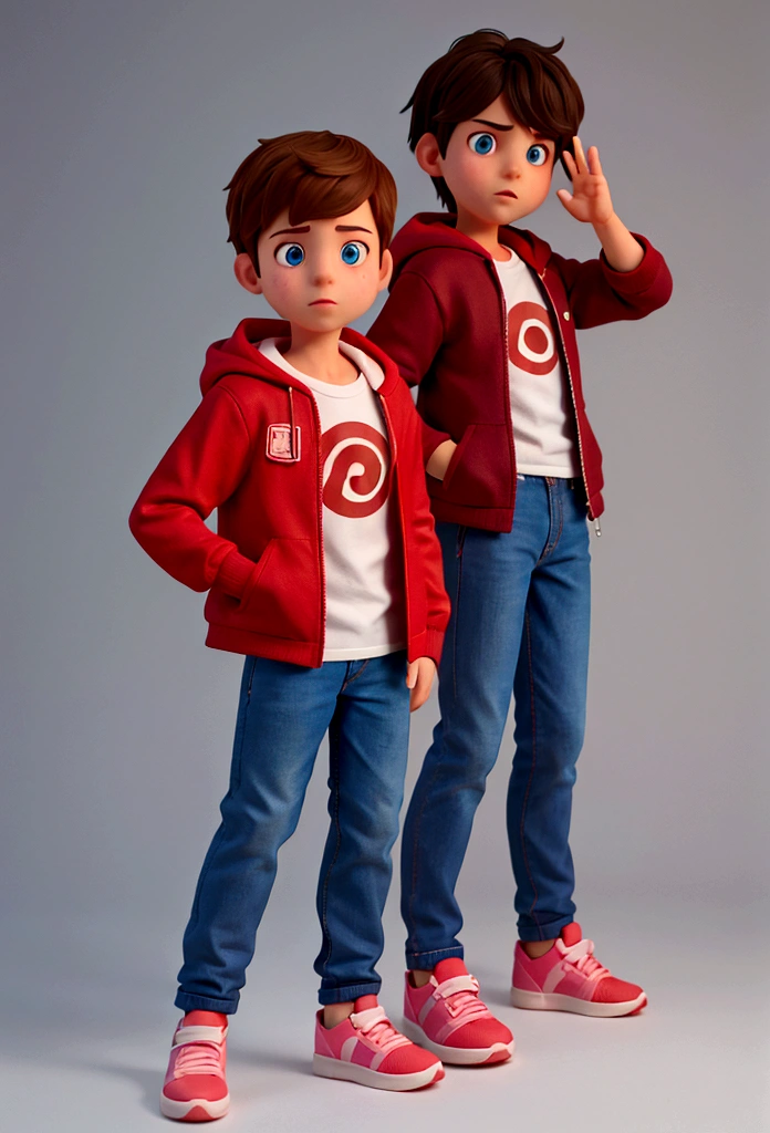 The image features a realistic boy against a dark background. The character has brown hair, blue eyes, wearing a red jacket with a hood, underneath the jacket is a white t-shirt, black pants and pink sneakers. Make him have his hands on his hips, the character is a boy, his entire body should appear in the image. The character's pose is friendly and welcoming, making it realistic