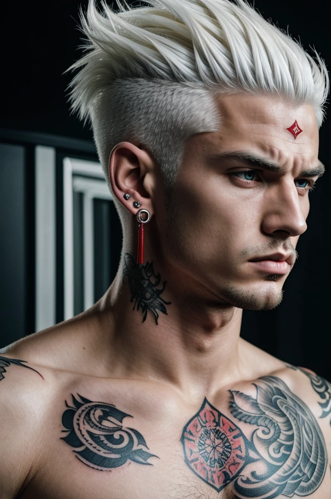 He is a young, handsome man with white hair, a fierce face, white skin, red eyes, a tattoo on his neck, bad boy style, pierced ears, and is tall.