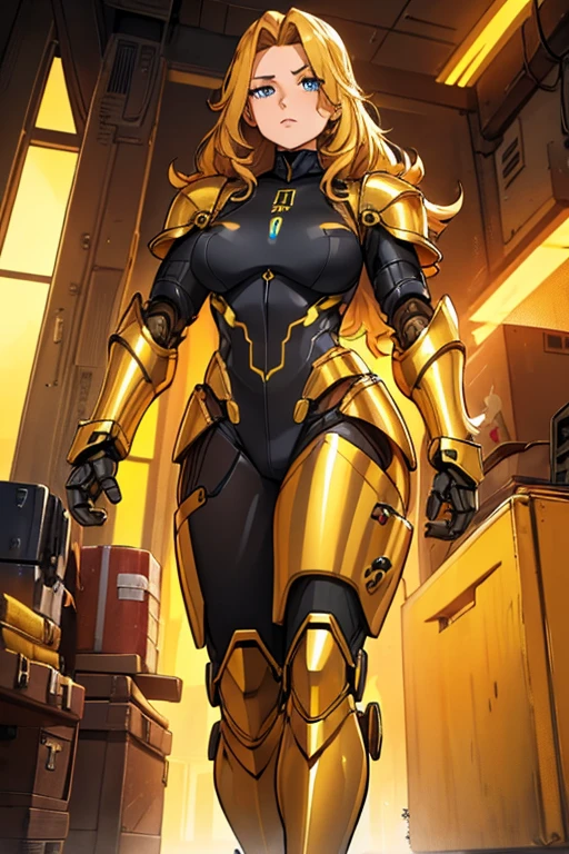female, golden yellow body, brown mane, blue eyes, robotic, robot, (((1girl))), (((golden yellow metal armor))), (black clawed cybernetic gauntlets), (black cybernetic boots)