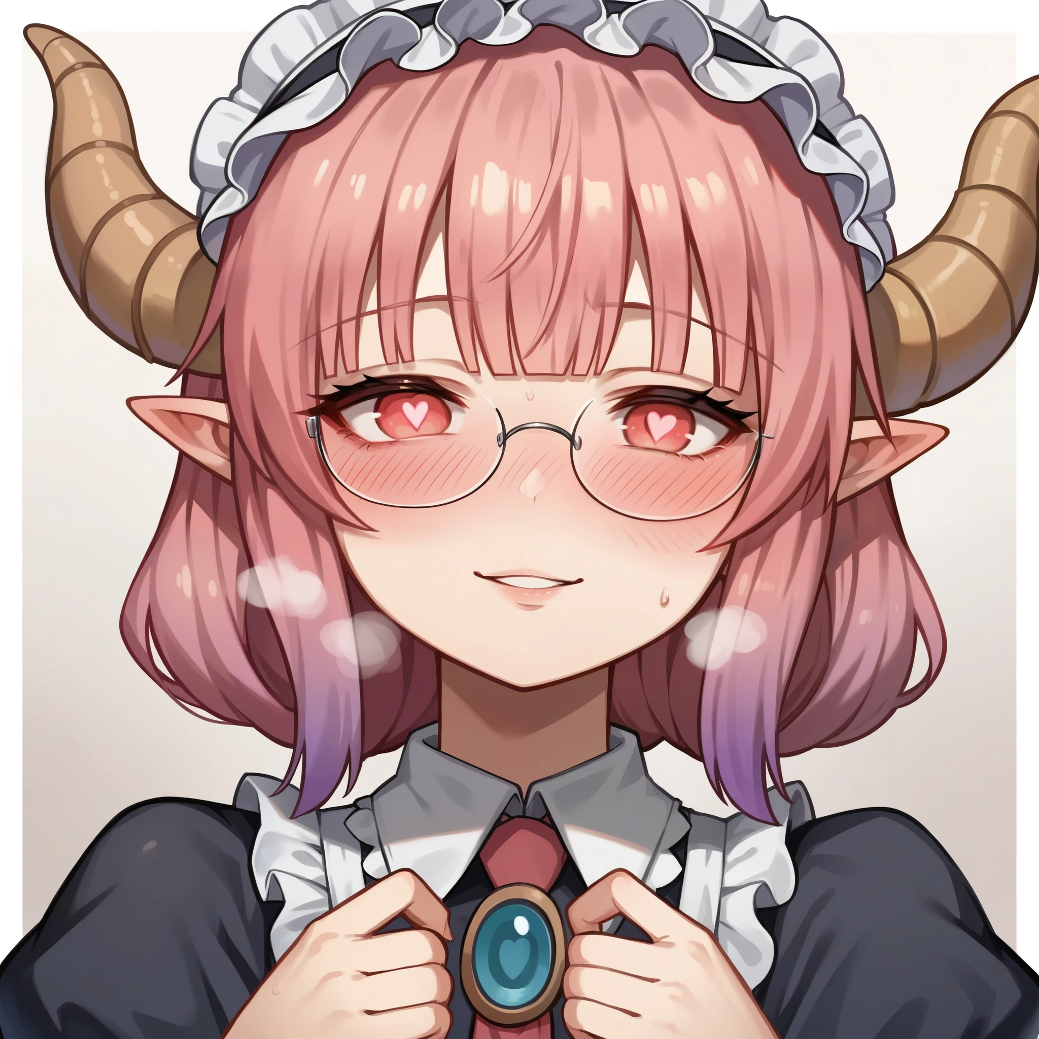 A half-dragon maid, hime cut, shiny hair, maid headdress, over-rim eyewear, dragon horns, heart-shaped pupils, pointy ears, blush, parted lips, seductive smile, heavy breathing, framed, tachi-e, stereogram, UHD, textured skin, masterpiece, highres, 16k, 1080P,Upper focus
