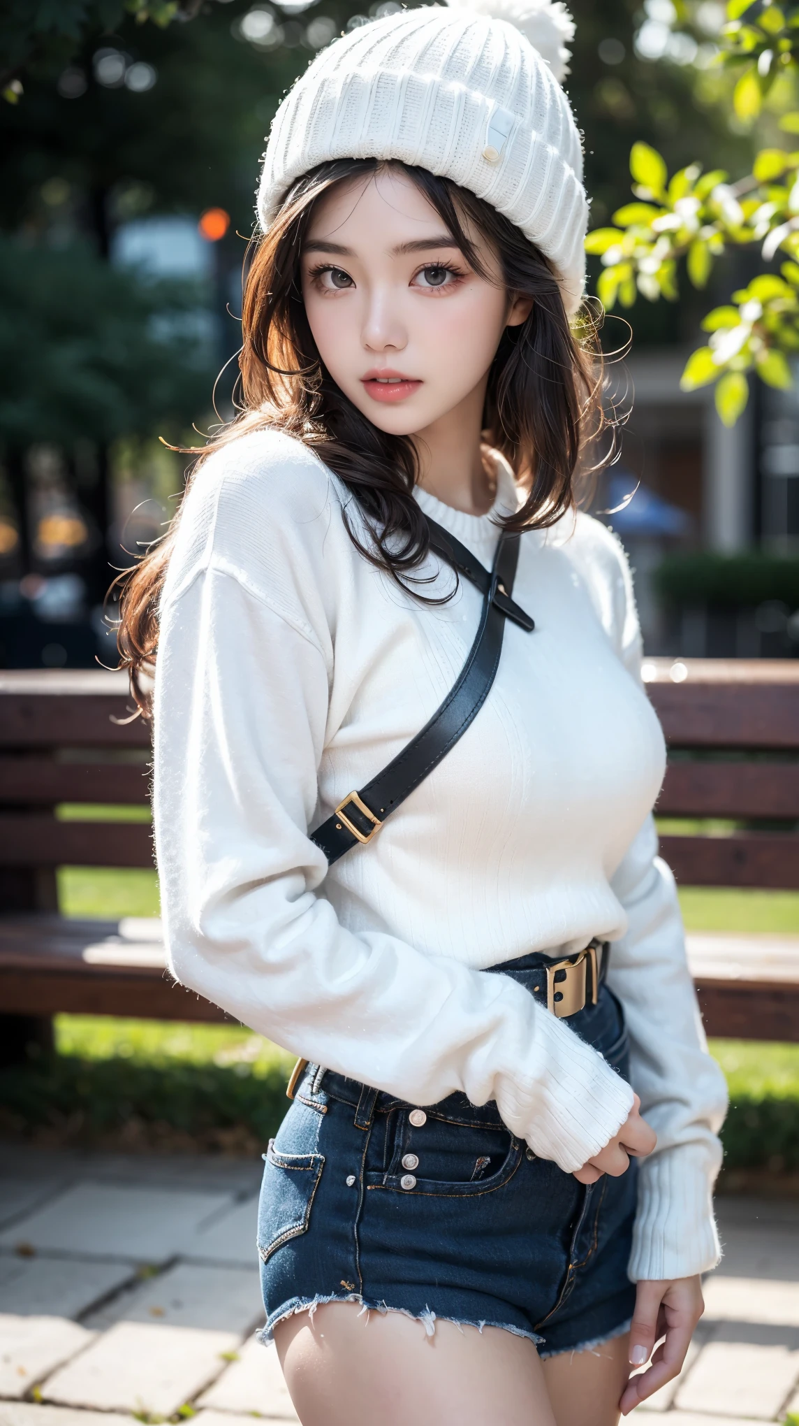 1 woman,Thoroughness, analog style, eye focus, best quality, (very detailed skin), Photo of an exquisitely beautiful pale skin punk Dutch girl, 21 years old, (Wearing Harness, short mini sweater, and beanie), perfect face, alluring eyes, [Seductive makeup], skin pores, (piercing:0.5), snow covered park, (bokeh:0.6), sharp focus, dappled lighting, (backlight:0.7), film grain, Sony A7R IV로 촬영, 18mmF/1.7 Cine Lens, (very detailed, intricately detailed), 8K, HDR, Posing seductively, front view, (upper body:0.9)
