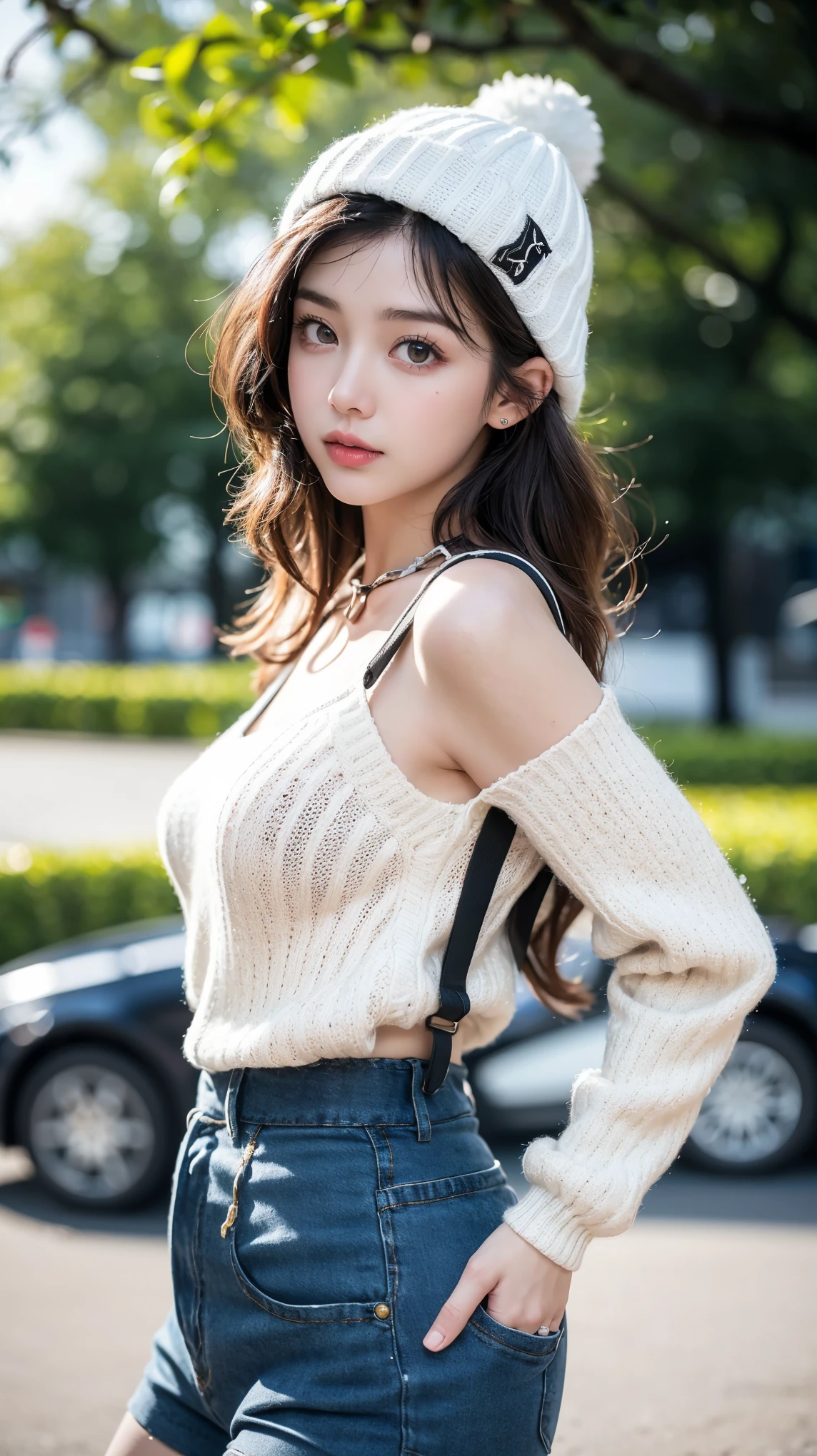 1 woman,Thoroughness, analog style, eye focus, best quality, (very detailed skin), Photo of an exquisitely beautiful pale skin punk Dutch girl, 21 years old, (Wearing Harness, short mini sweater, and beanie), perfect face, alluring eyes, [Seductive makeup], skin pores, (piercing:0.5), snow covered park, (bokeh:0.6), sharp focus, dappled lighting, (backlight:0.7), film grain, Sony A7R IV로 촬영, 18mmF/1.7 Cine Lens, (very detailed, intricately detailed), 8K, HDR, Posing seductively, front view, (upper body:0.9)
