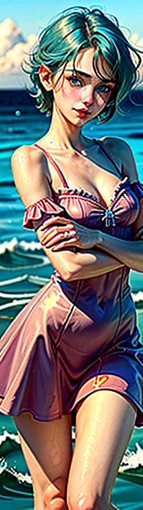 ((best quality)), ((masterpiece)), (detailed), femboy, blue aqua hair, blue eyes,short hair,( flat chest), thin body, big butt, cute face,blush on face, smile face, frilled dress, short dress, red color dress, sexy pose, hot pose, sea background