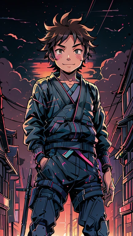 (8k),(masterpiece),(Japanese),(8-year-old boy),((innocent look)),((Childish)),From the front,smile,cute,Innocent,Kind eyes,Flat chest, Kiba Inuzuka, short,Hair blowing in the wind, Brown Hair,Strong wind,night,dark, Neon light Cyberpunk Konoha Village 