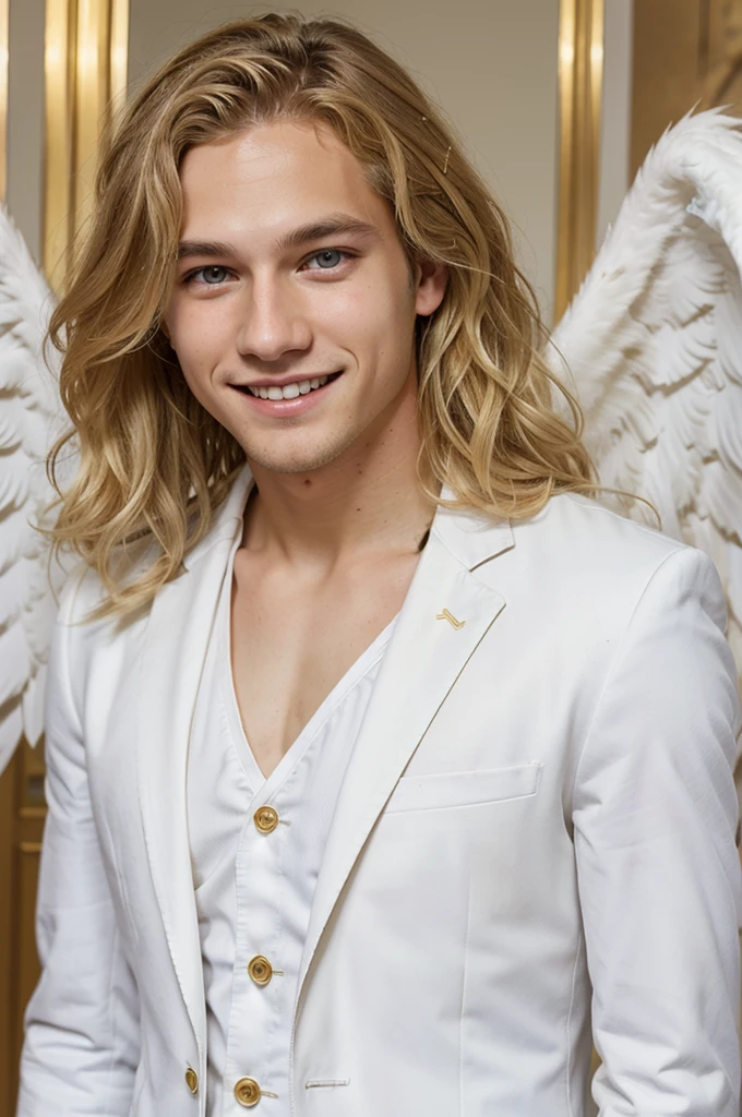 very young man with blonde wavy hair, golden eyes, big smile, cute, wearing a white suit, with white angel wings