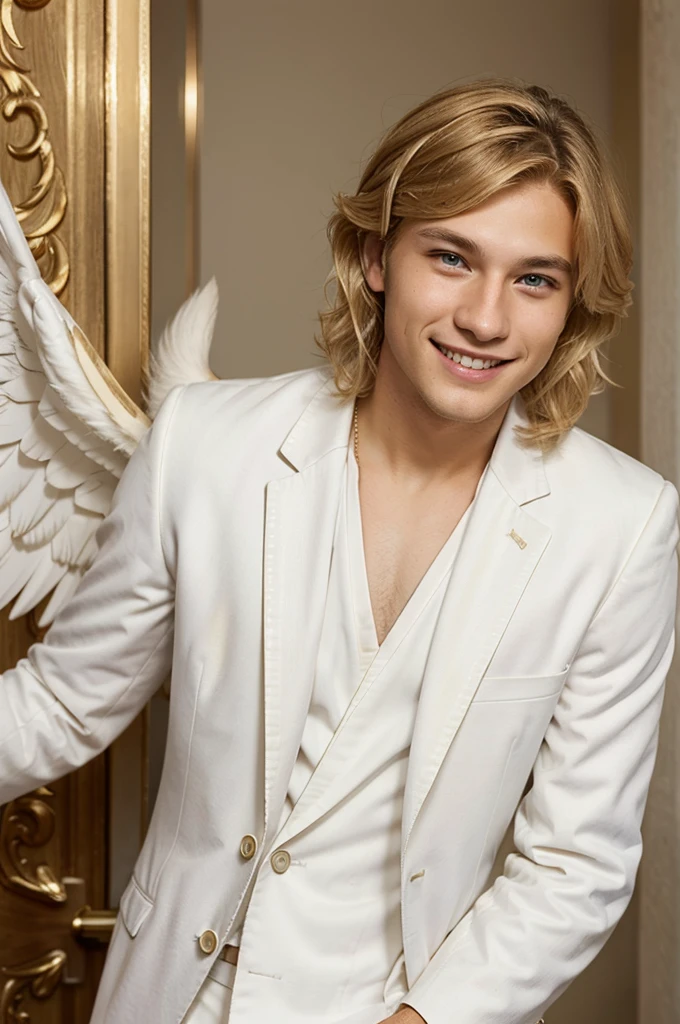 very young man with blonde wavy hair, golden eyes, big smile, cute, wearing a white suit, with white angel wings