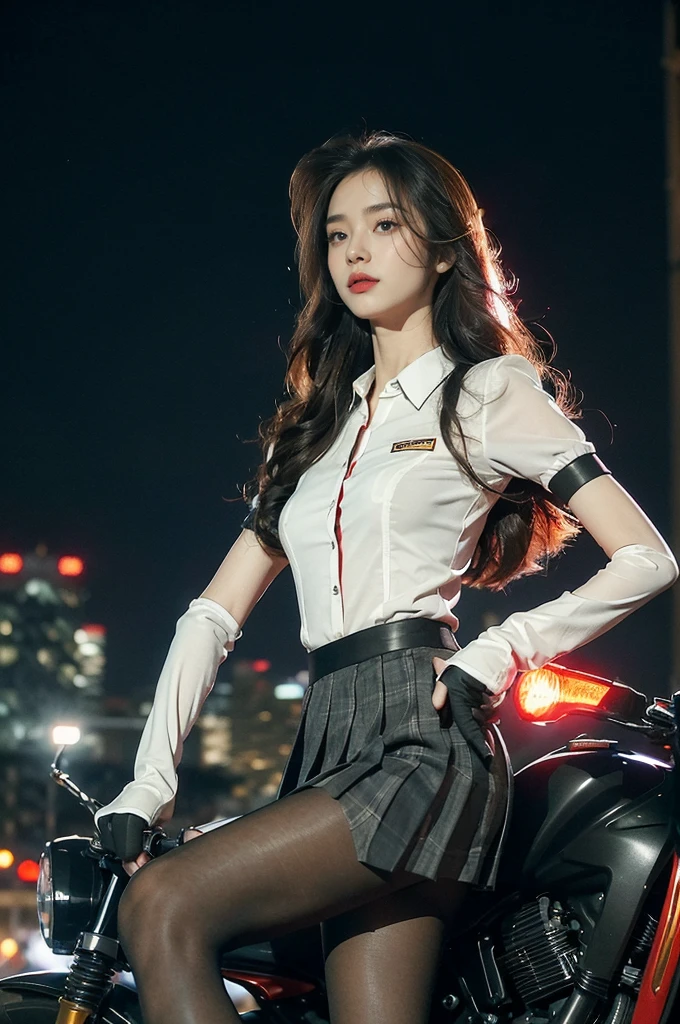 (((best quality))),(((ultra detailed))),(((masterpiece))),illustration,(1 beautiful girl,solo),((slim,thin)),((small breasts,flat chest)),(safety helmet:1.3),shoulder length straight hair,slender legs,cyberpunk, urban street,high school student, JK outfit,(riding on a motorcycle:1.3), sleek, (white collared short-sleeved shirt:1.3),(gloves:1.2),(red checkered pleated skirt:1.3),(pantyhose:1.3), stylish boots, confidence, determination, dark streets,neon lights, skyscrapers, urban noises, traffic, sirens, city sounds, futuristic, dystopian society, technology, fashion, explosive cocktail, style, , modernity, attitude, spirit, anything is possible,from front