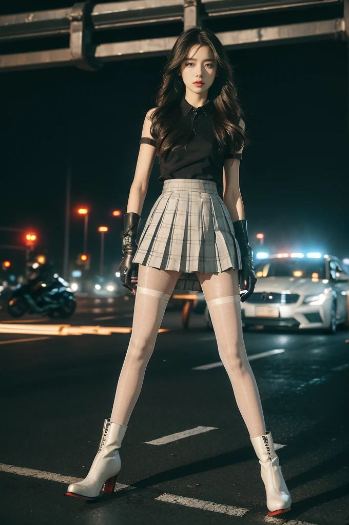 (((best quality))),(((ultra detailed))),(((masterpiece))),illustration,(1 beautiful girl,solo),((slim,thin)),((small breasts,flat chest)),(safety helmet:1.3),shoulder length straight hair,slender legs,cyberpunk, urban street,high school student, JK outfit,(riding on a motorcycle:1.3), sleek, (white collared short-sleeved shirt:1.3),(gloves:1.2),(red checkered pleated skirt:1.3),(pantyhose:1.3), stylish boots, confidence, determination, dark streets,neon lights, skyscrapers, urban noises, traffic, sirens, city sounds, futuristic, dystopian society, technology, fashion, explosive cocktail, style, , modernity, attitude, spirit, anything is possible,from front