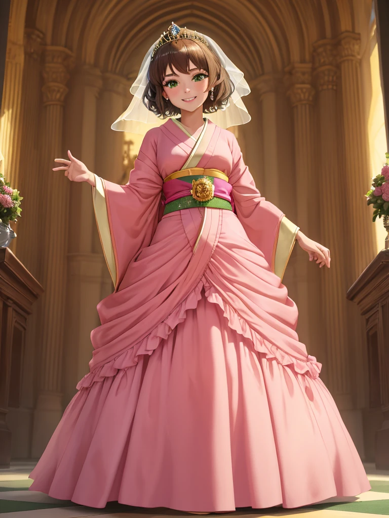 masterpiece, best quality:1.2), 1girl, smile, looking at viewer, green eyes, short brown hair, princess, princess dress, wearing puffy pink ballgown reaching the floor, green kimono, golden tiara with veil, standing in ballroom of medieval castle