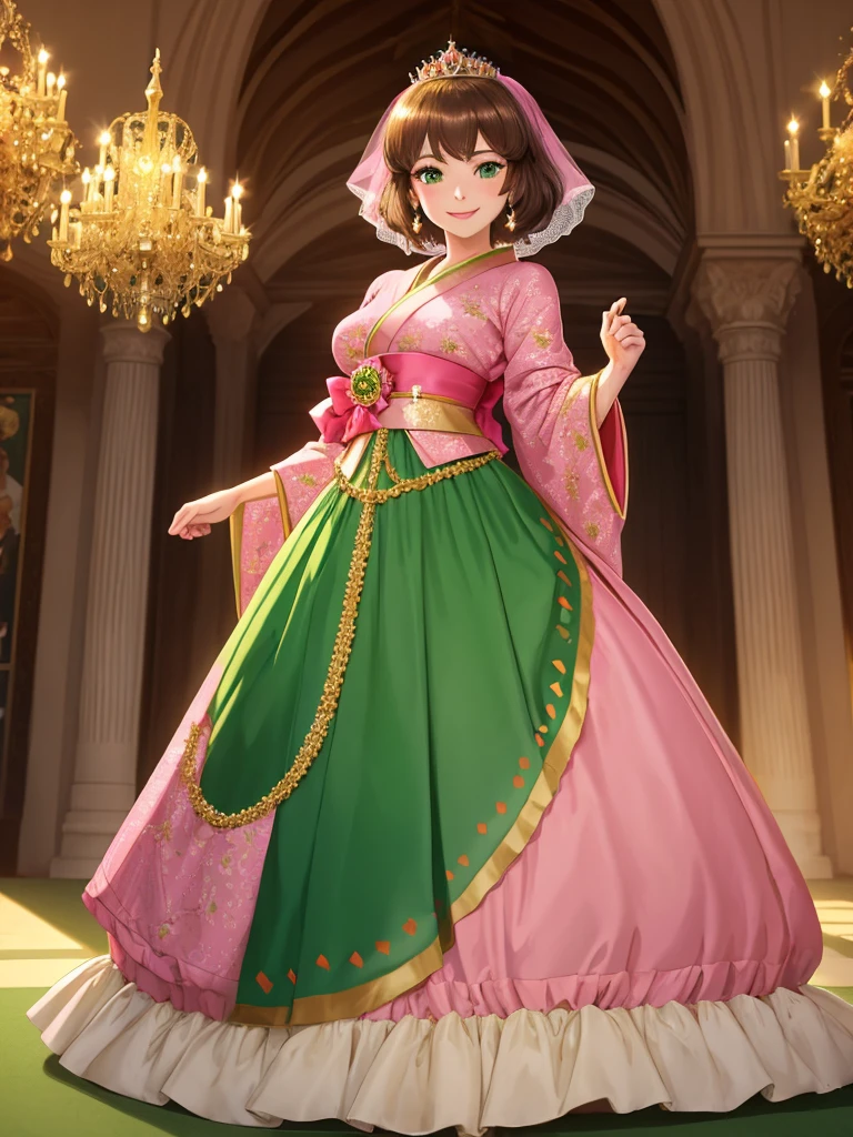 masterpiece, best quality:1.2), 1girl, smile, looking at viewer, green eyes, short brown hair, princess, princess dress, wearing puffy pink ballgown reaching the floor, green kimono, golden tiara with veil, standing in ballroom of medieval castle
