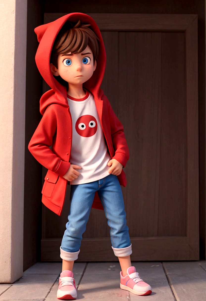 The image features a realistic boy against a dark background. The character has brown hair, blue eyes, wearing a red jacket with a hood, underneath the jacket is a white t-shirt, black pants and pink sneakers. Make him have his hands on his hips, the character is a boy, his entire body should appear in the image. The character's pose is friendly and welcoming, making it realistic