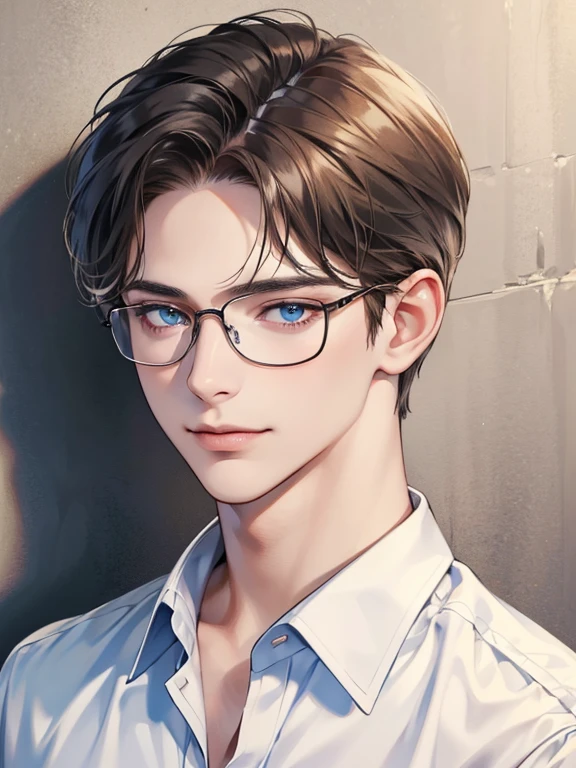 masterpiece, best quality, 1male, brunette hair, blue eyes, 32 years, glasses, white shirt, mugshot, wall background, detailed eyes, detailed facial features, CEO, expression smile in love, realistic and high resolution (best quality, 4k, 8k, highres, masterpiece:1.2)