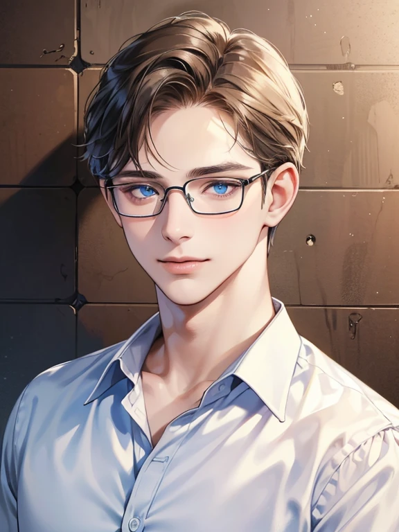 masterpiece, best quality, 1male, brunette hair, blue eyes, 32 years, glasses, white shirt, mugshot, wall background, detailed eyes, detailed facial features, CEO, expression smile in love, realistic and high resolution (best quality, 4k, 8k, highres, masterpiece:1.2)