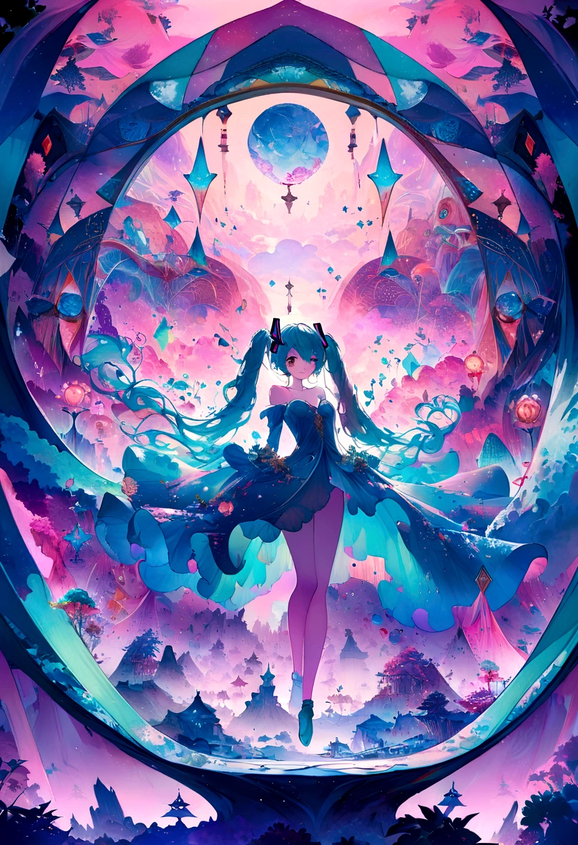 Hatsune Miku undressed, floating in a surreal dream world, surrounded by floating geometric shapes and surreal landscapes, ethereal glow illuminating the scene, a whimsical and otherworldly environment with twisted and distorted elements, capturing a sense of wonder and mystery, illustrated in a whimsical and fantastical style reminiscent of Salvador Dali’s surrealism. --ar 1:1 --v 6