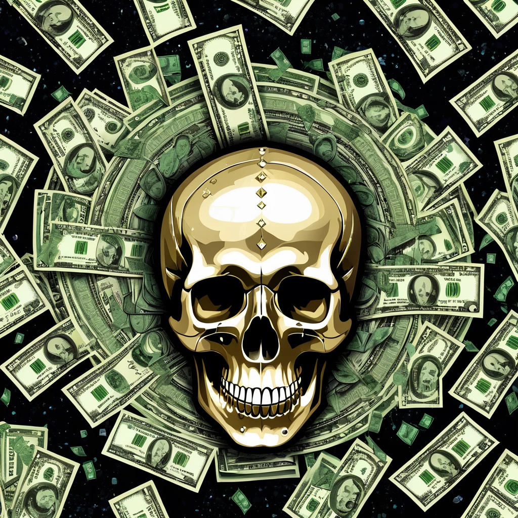 An illustration of a crystal skull surrounded by floating dollar bills on a black background. The artwork features detailed textures on the skull and bills, capturing a dark and eerie vibe.