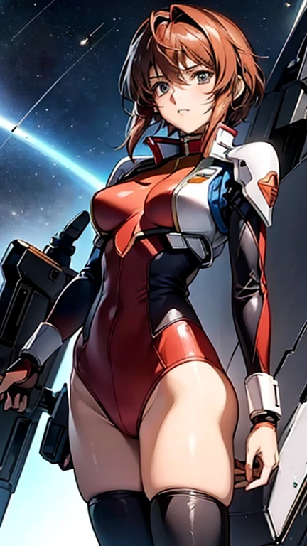 A detailed illustration of a female pilot from the anime "Gundam SEED FREEDOM". She is a member of the organization "Compass" and has short hair. She is wearing a sleek, futuristic pilot suit that is form-fitting and designed for mobility. The suit has a high-tech look with various panels and a helmet that she holds under her arm. Her expression is calm and determined, reflecting her experience and skill as a pilot. She stands in front of a background that suggests a high-tech hangar or a space battlefield. The overall style should be consistent with the aesthetic of the Gundam SEED series, with