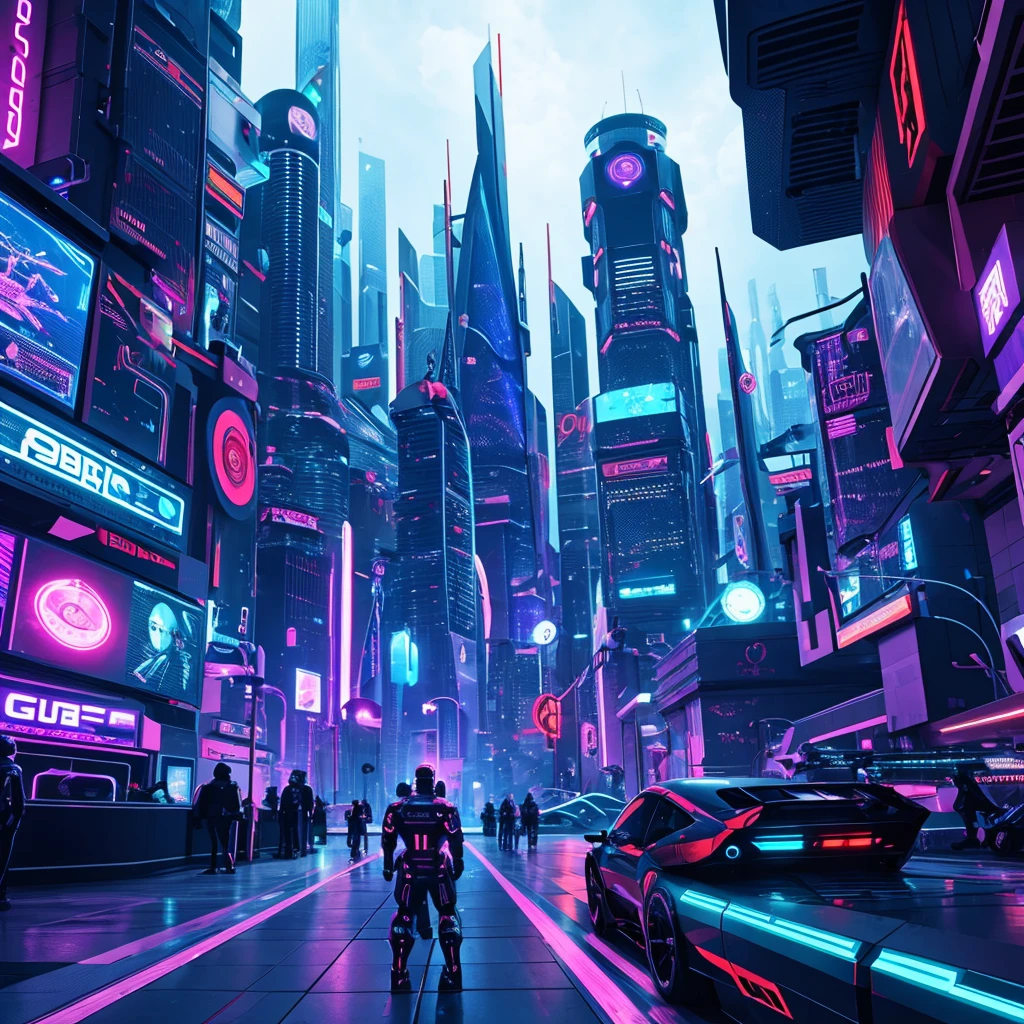 City of the cyber future in the style of Gouves, high quality computer graphics, several characters, complex scenes, full of competitive atmosphere, emphasizing futurism and technology, full of color, rich details, hard lines, and desperate expressions of characters