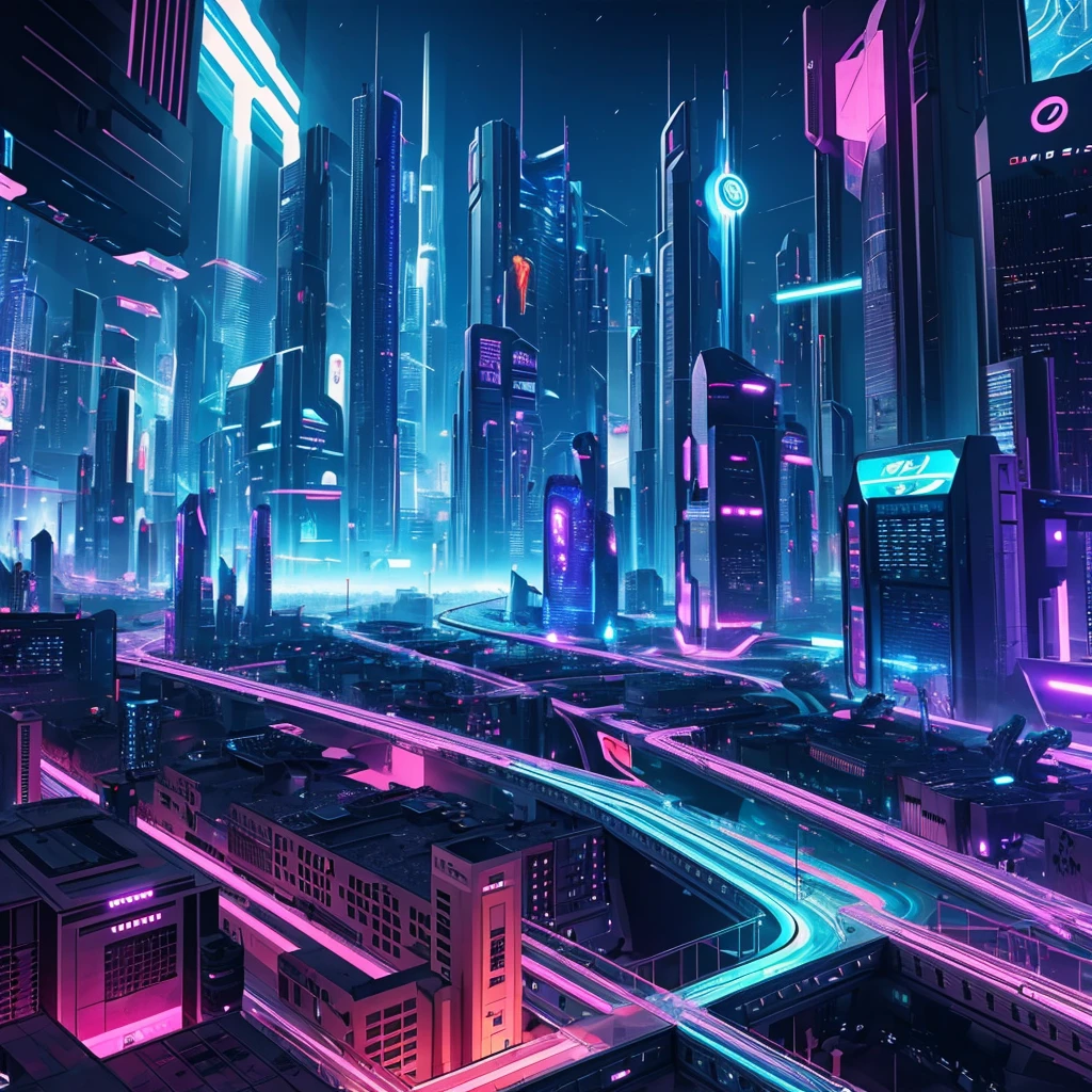 City of the cyber future in the style of Gouves, high quality computer graphics, several characters, complex scenes, full of competitive atmosphere, emphasizing futurism and technology, full of color, rich details, hard lines, and desperate expressions of characters