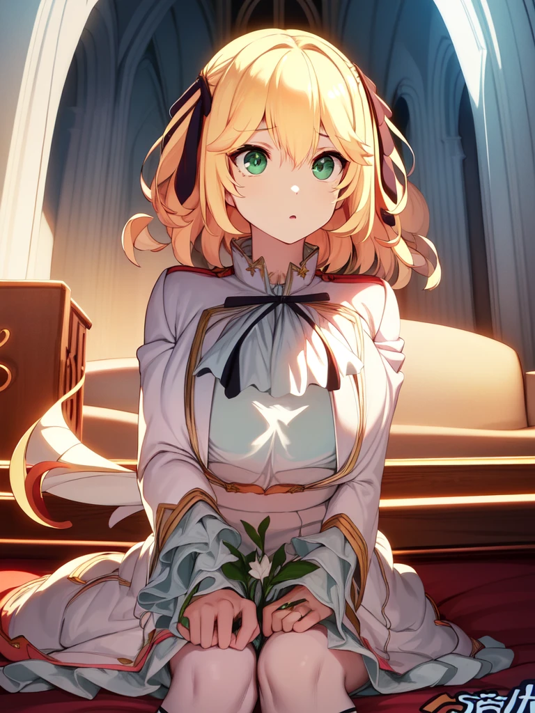 A girl，Long hair, Bangs, Blonde hair, Hair between the eyes, s eyes:（1.5),  (Large Breasts:1.2), 
rest  锁骨, Wedding dress，veil，wedding，White Dress，Flowers，The skirt is broken，White socks，Tights，White knee socks，
Looking at the audience, whole body,
indoors, church，permanent，permanent，
rest (masterpiece:1.2), best quality, high resolution, Unity 8K wallpaper, (illustration:0.8), (美丽细致s eyes:1.6), Extremely detailed face, Perfect lighting, Extremely detailed CG, (Perfect hands, Perfect anatomical structure),