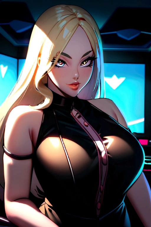 ((a blonde Latin woman)), with big breasts, a beautiful body with long blonde hair, with beautiful honey-colored eyes, big lips, a Latin woman, big eyelashes professional makeup, un gaming room