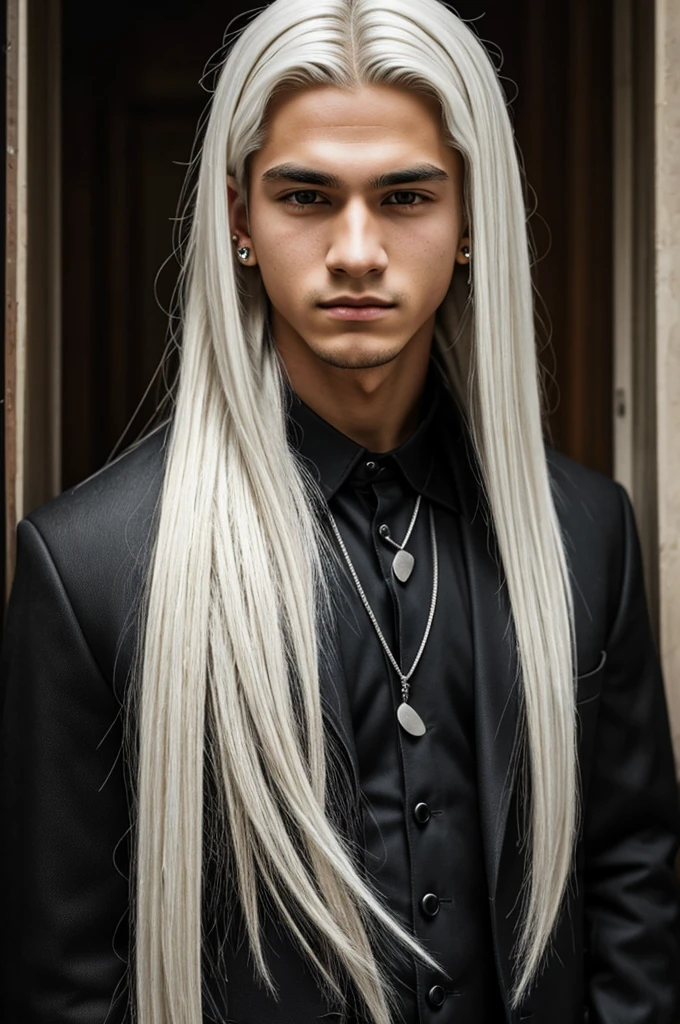 A young boy with long white hair, black eyes, pierced ears, handsome in the style of a young man.