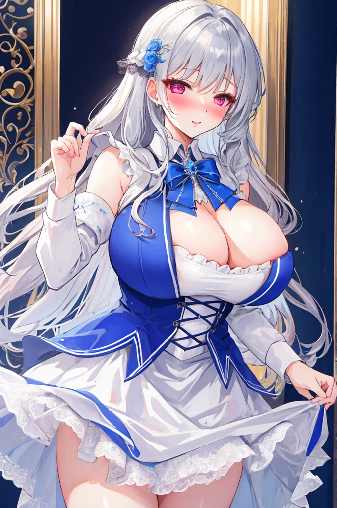 A woman with big ，Beauty，Silver long hair，((Crinoline))，Lace，White embroidery，weak，Sexy，(prom)，(nsfw:0.8)，blush，ahegao，