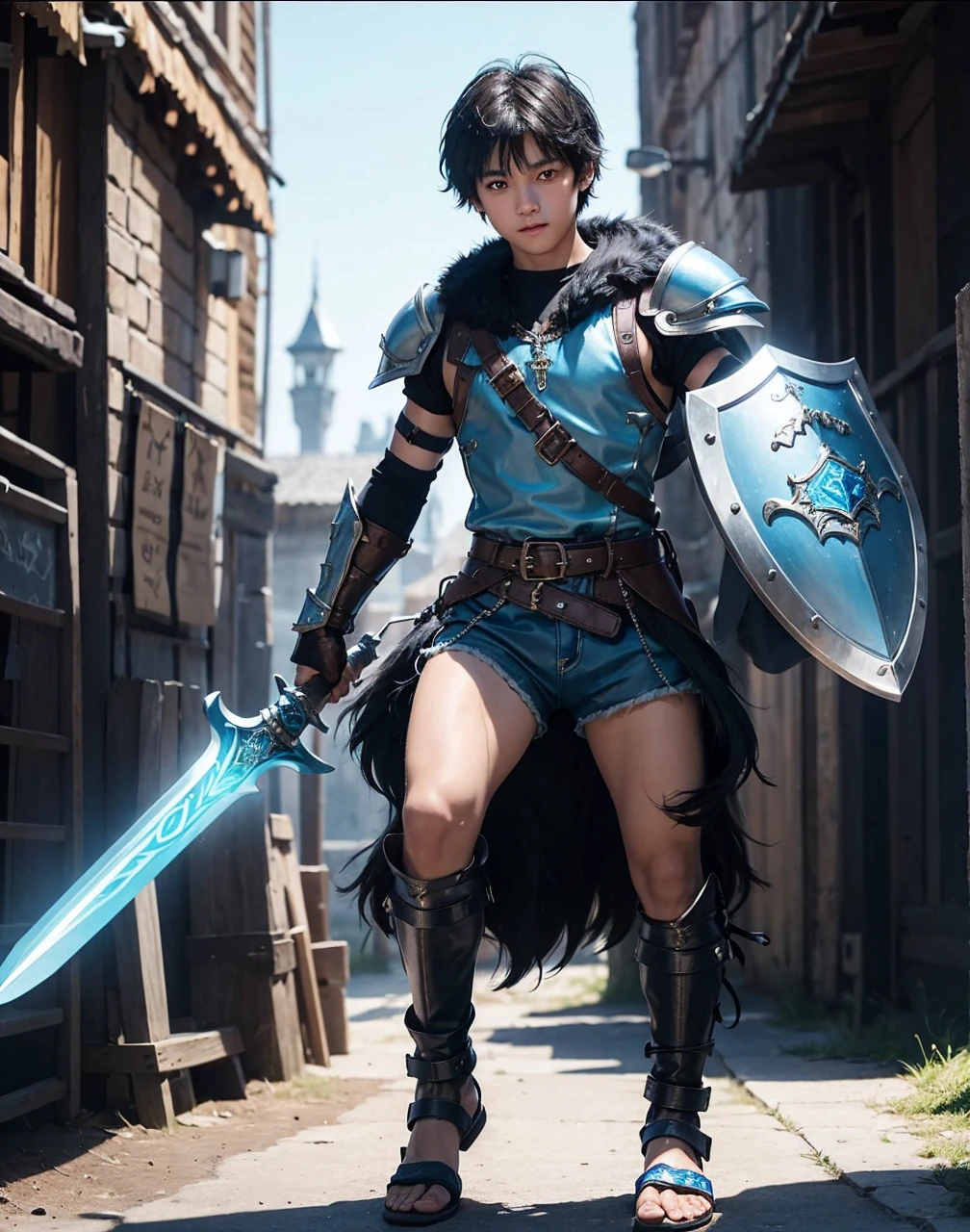 Young 13-year-old boy with black hair and brown eyes, innocent and happy, dressed in short neon-blue medieval barbarian clothes, fur shorts, light-blue battle armor, weilding silver sword and shield, sandals; fullbody; short hair, boyish athletic, sexy, medieval background