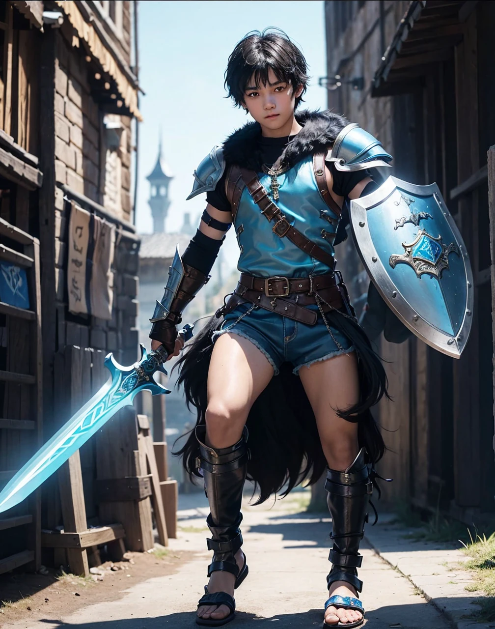 Young -yeld boith black hair and brown eyes, innocent and happy, dressed in short neon-blue medieval barbarian clothes, fur shorts, light-blue battle armor, weilding silver sword and shield, sandals; fullbody; short hair, boyish athletic, sexy, medieval background