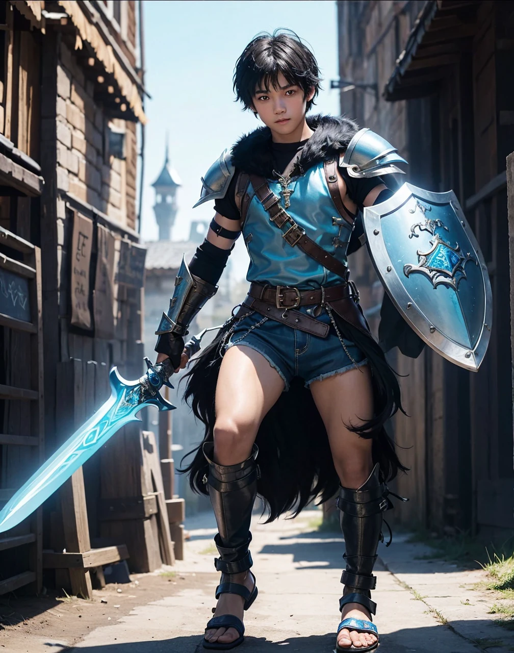 Young 13-year-old boy with black hair and brown eyes, innocent and happy, dressed in short neon-blue medieval barbarian clothes, fur shorts, light-blue battle armor, weilding silver sword and shield, sandals; fullbody; short hair, boyish athletic, sexy, medieval background