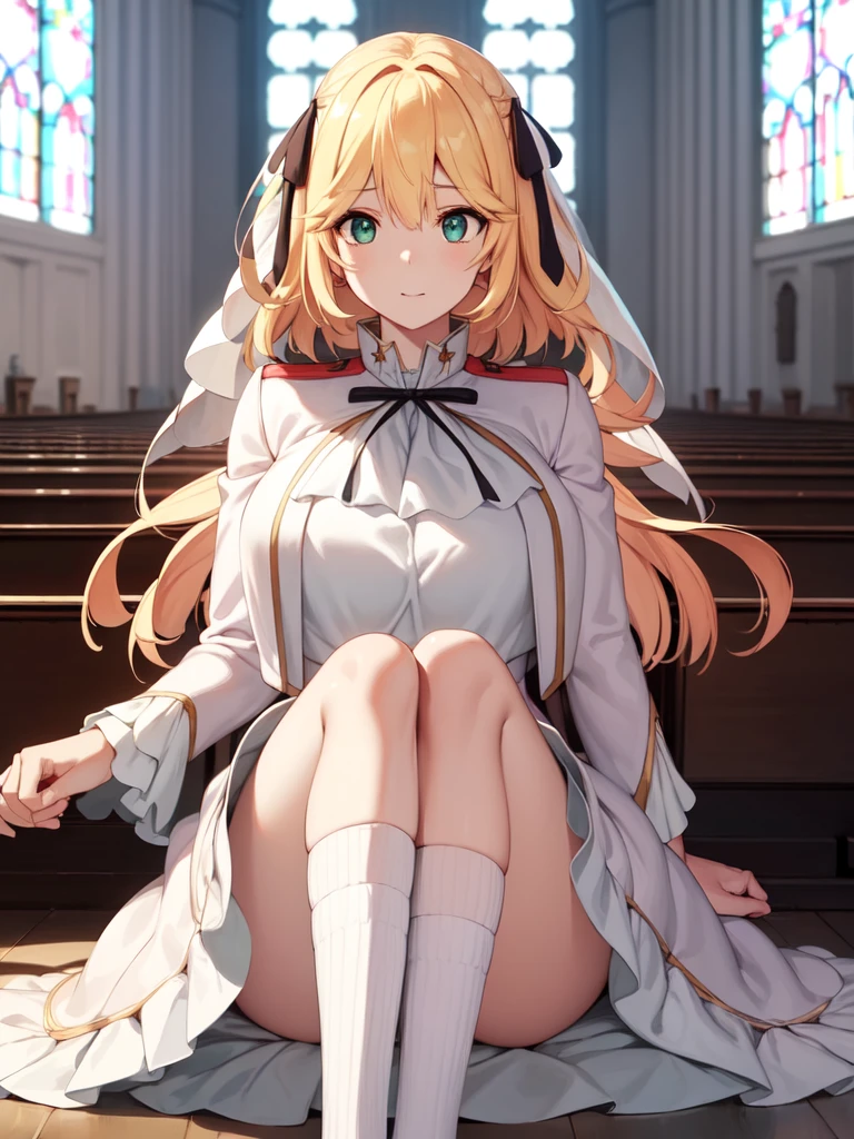 A girl，Long hair, Bangs, Blonde hair, Hair between the eyes, s eyes:（1.5),  (Large Breasts:1.2), 
rest  锁骨, Wedding dress，veil，wedding，White Dress，Flowers，The skirt is broken，White socks，Tights，White knee socks，
Looking at the audience, whole body,
indoors, church，permanent，permanent，
rest (masterpiece:1.2), best quality, high resolution, Unity 8K wallpaper, (illustration:0.8), (美丽细致s eyes:1.6), Extremely detailed face, Perfect lighting, Extremely detailed CG, (Perfect hands, Perfect anatomical structure),