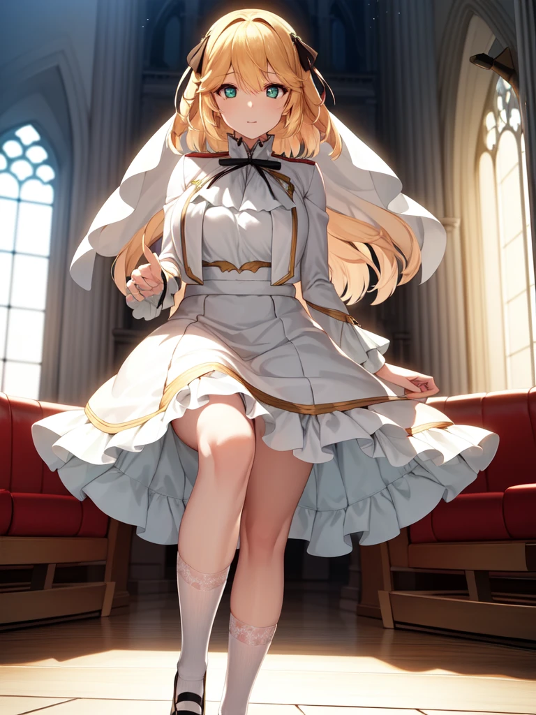 A girl，Long hair, Bangs, Blonde hair, Hair between the eyes, s eyes:（1.5),  (Large Breasts:1.2), 
rest  锁骨, Wedding dress，veil，wedding，White Dress，Flowers，The skirt is broken，White socks，Tights，White knee socks，
Looking at the audience, whole body,
indoors, church，permanent，permanent，
rest (masterpiece:1.2), best quality, high resolution, Unity 8K wallpaper, (illustration:0.8), (美丽细致s eyes:1.6), Extremely detailed face, Perfect lighting, Extremely detailed CG, (Perfect hands, Perfect anatomical structure),