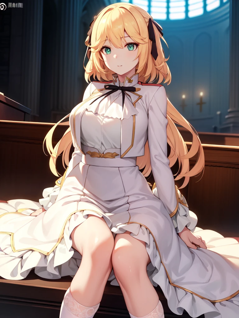 A girl，Long hair, Bangs, Blonde hair, Hair between the eyes, s eyes:（1.5),  (Large Breasts:1.2), 
rest  锁骨, Wedding dress，veil，wedding，White Dress，Flowers，The skirt is broken，White socks，Tights，White knee socks，
Looking at the audience, whole body,
indoors, church，permanent，permanent，
rest (masterpiece:1.2), best quality, high resolution, Unity 8K wallpaper, (illustration:0.8), (美丽细致s eyes:1.6), Extremely detailed face, Perfect lighting, Extremely detailed CG, (Perfect hands, Perfect anatomical structure),