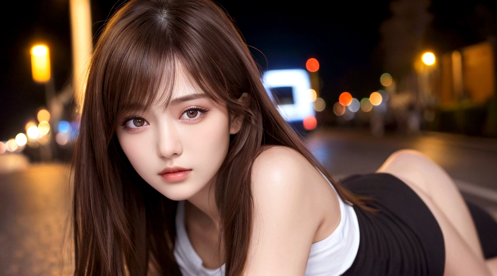 (Best quality, High resolution, Masterpiece :1.3), A pretty woman, Slender figure, Dark brown hair, T-shirt, (Street in city at ht), Highly detailed face and skin texture, Detailed eyes, Double eyelid