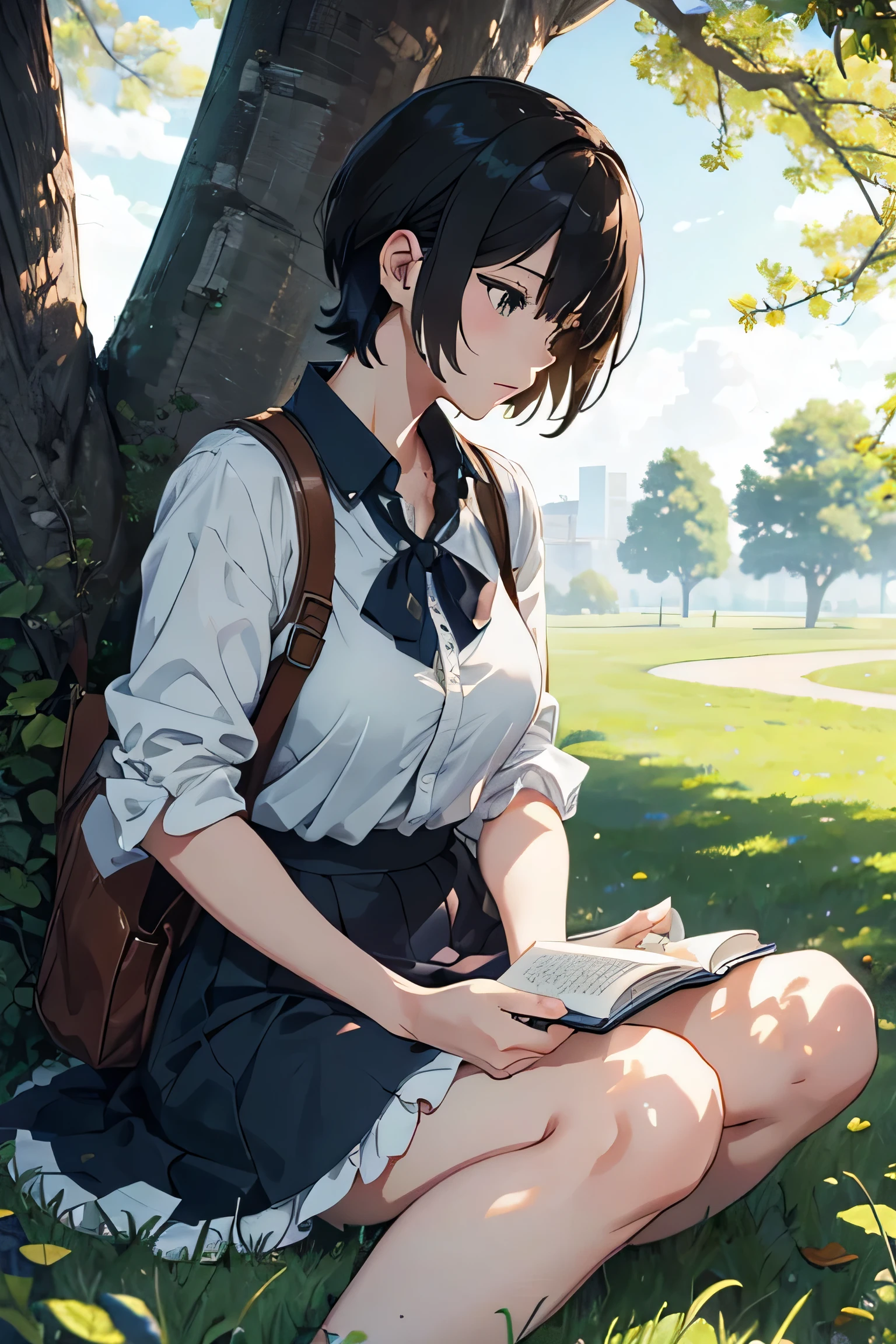 lawn,breeze,Take a rest under a big tree,In the shade,The tree is huge,A beautiful girl reading a book,Profile,Book on knees,Beautiful Profile,Wind blowing leaves,Surrounding meadows,windy,Facial details,Ruffle your hair with one hand,Put your other hand on the book,high resolution,high quality,High Detail,high noise,Fine details,8K,Describe every detail,High-definition quality,Ultra Detail,ultra HD,Shinkai Makoto