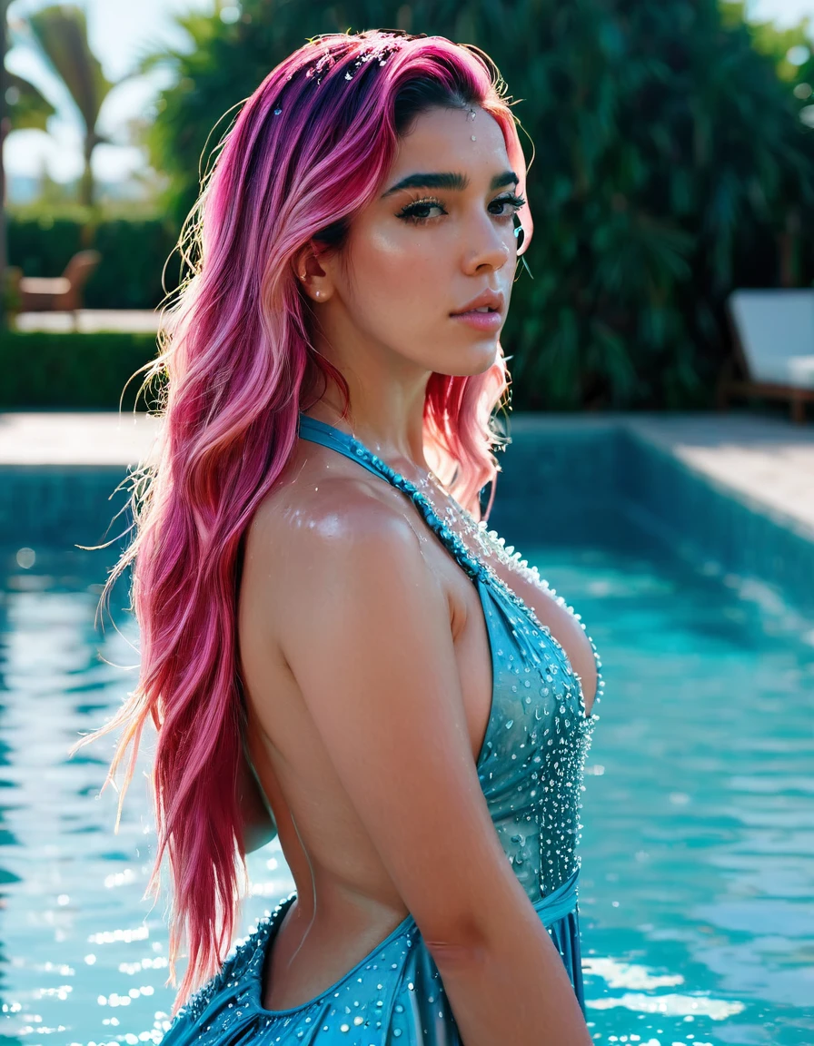 woman with long pink hair, nude,dress, pool, sky blue color,bikini, water, shoulders, music video, youtube, screenshot, dua lipa, , behind view,d, ultrarealistic, detailed" "female, fashion, summer, stylish, glamour, elegant, trendy, chic, model, leisure" "luxury, poolside, tropical, vacation, relaxation, sunlight, reflection, water droplets, fashionista, modern