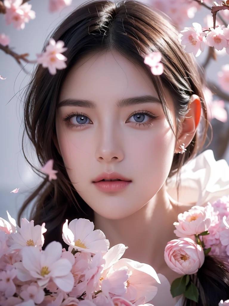 Modern. beautiful girl. Dark hair color. Very deatiled face. pretty eyes (perfect eyes). 8K resolution. Masterpiece. Romantic, love, glowing light. Look at the viewer. Petals. Pastel color.
