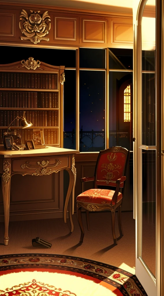 (tmasterpiece, high resolution, ultra - detailed:1.0), (study, desk,Bookshelves,French window, decorations, carpets, fireplace), color difference, Depth of field, dramatic shadow, Ray tracing, Best quality, Cinematic lighting, offcial art