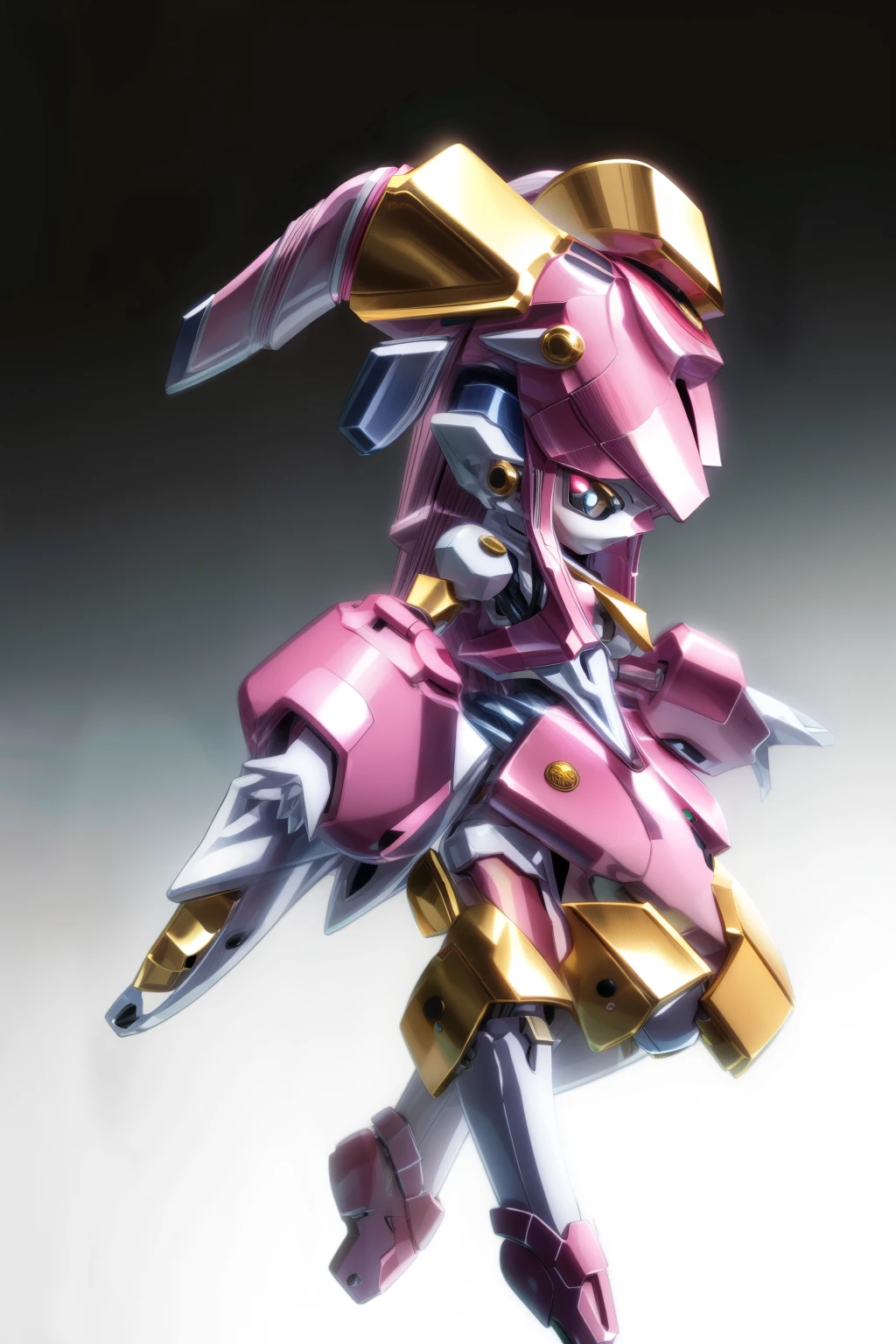 A solo pink and pupple Medabot with gold trim with no mouth and glowing eyes and long hair high ponytail, high detail, simple background, masterpiece,4k,8HD