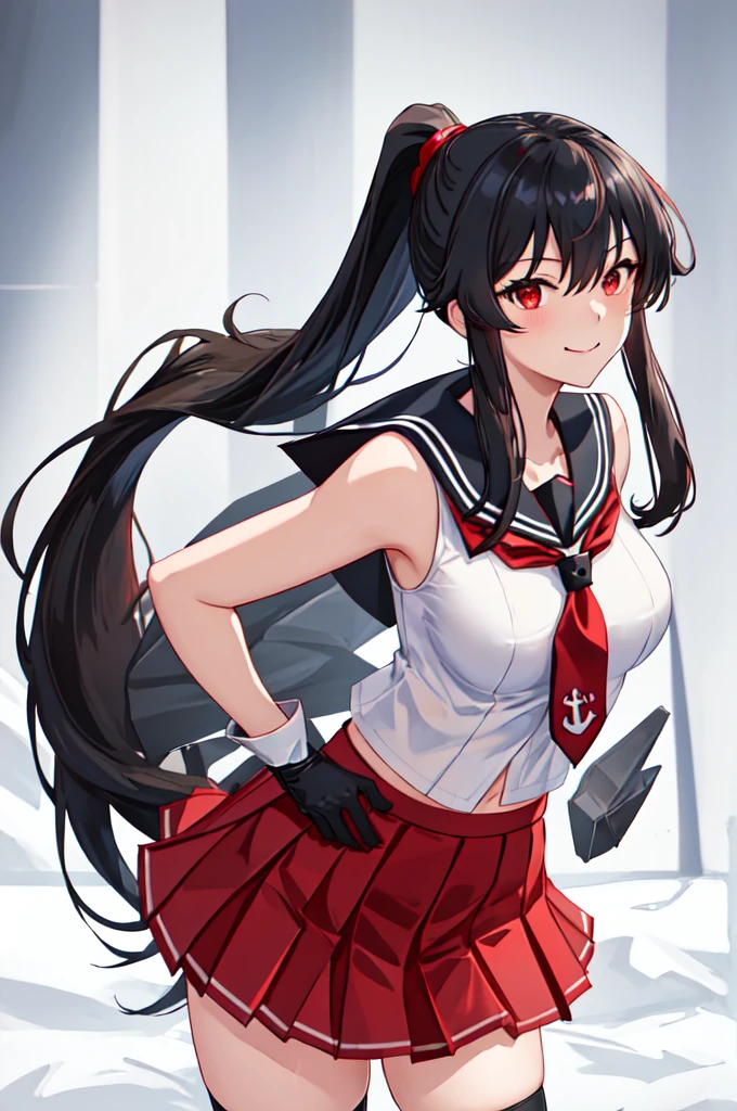 best quality, masterpiece, highres, solo, {yahagi_kantaicollection:1.15}, long_hair, black_hair, ponytail, red_eyes, sidelocks, breasts, hair_between_eyes, large_breasts, 1girl, anchor_symbol, gloves, looking_at_viewer, pleated_skirt, red_skirt, sailor_collar, school_uniform, serafuku, shirt, skirt, sleeveless, sleeveless_shirt, smile, white_gloves, black_sailor_collar, necktie