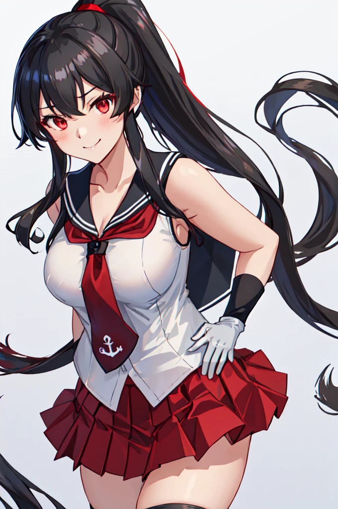 best quality, masterpiece, highres, solo, {yahagi_kantaicollection:1.15}, long_hair, black_hair, ponytail, red_eyes, sidelocks, breasts, hair_between_eyes, large_breasts, 1girl, anchor_symbol, gloves, looking_at_viewer, pleated_skirt, red_skirt, sailor_collar, school_uniform, serafuku, shirt, skirt, sleeveless, sleeveless_shirt, smile, white_gloves, black_sailor_collar, necktie