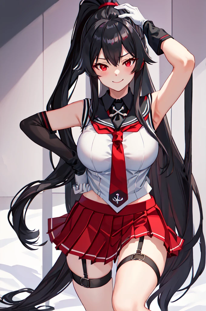 best quality, masterpiece, highres, solo, {yahagi_kantaicollection:1.15}, long_hair, black_hair, ponytail, red_eyes, sidelocks, breasts, hair_between_eyes, large_breasts, 1girl, anchor_symbol, gloves, looking_at_viewer, pleated_skirt, red_skirt, sailor_collar, school_uniform, serafuku, shirt, skirt, sleeveless, sleeveless_shirt, smile, white_gloves, black_sailor_collar, necktie