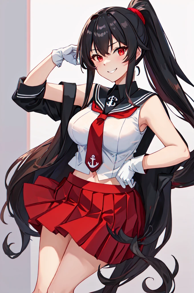 best quality, masterpiece, highres, solo, {yahagi_kantaicollection:1.15}, long_hair, black_hair, ponytail, red_eyes, sidelocks, breasts, hair_between_eyes, large_breasts, 1girl, anchor_symbol, gloves, looking_at_viewer, pleated_skirt, red_skirt, sailor_collar, school_uniform, serafuku, shirt, skirt, sleeveless, sleeveless_shirt, smile, white_gloves, black_sailor_collar, necktie