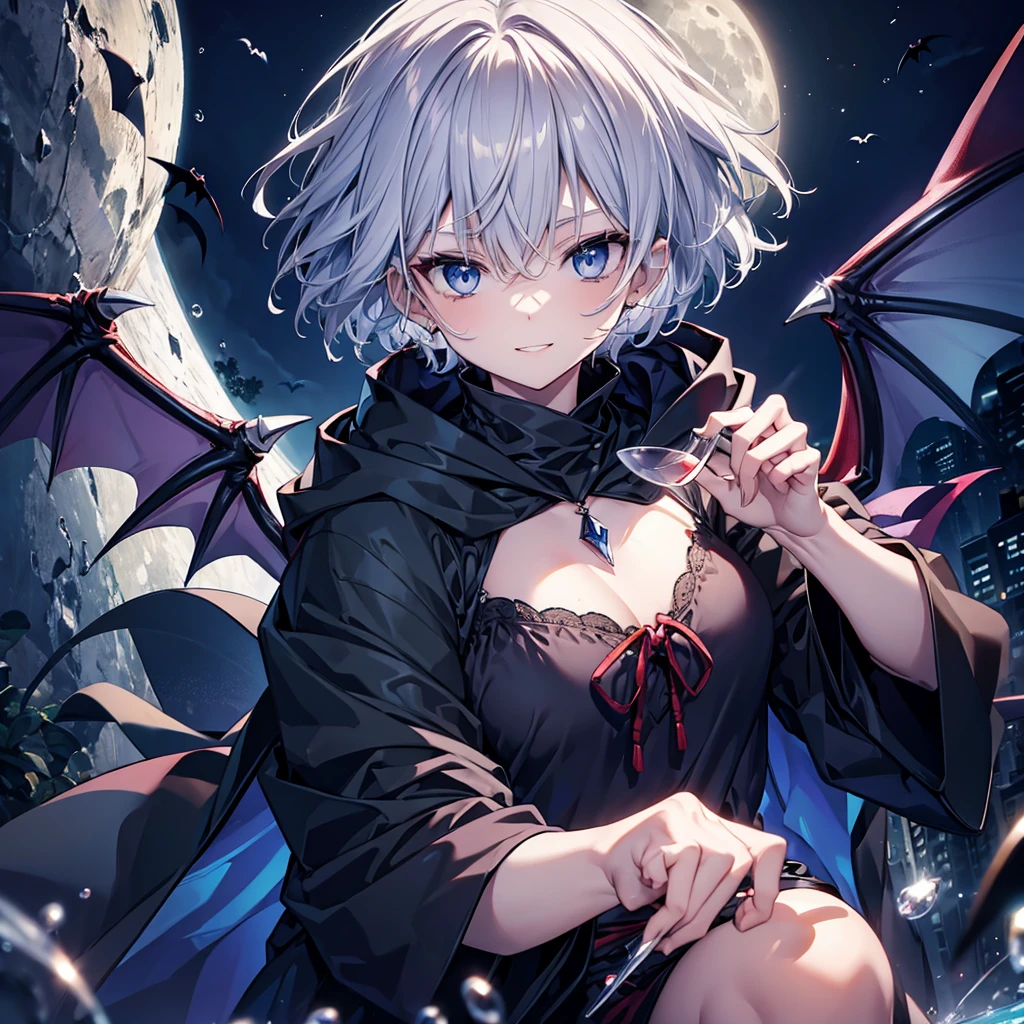 ((((vampire inflammation)))) (((Gray Hair short hair blue eyes woman Center close-up wine glass))),((night full moon My own big wings Town)),(Wearing a hood Black camisole Purple light Wearing a cloak), Creepy Smile Showing teeth Shining Background Shining Edges